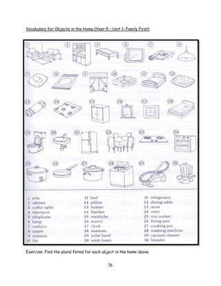 Vocabulary for Objects in the Home (Year 5 – Unit 1: Family First)




Exercise: Find the plural forms for each object in the home above.


                                            16
 