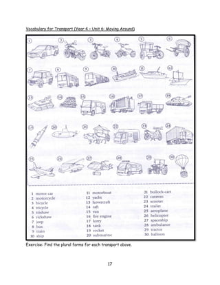 Vocabulary for Transport (Year 4 – Unit 6: Moving Around)




Exercise: Find the plural forms for each transport above.



                                            17
 