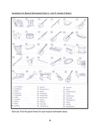 Vocabulary for Musical Instruments (Year 6 – Unit 5: Sounds of Music)




Exercise: Find the plural forms for each musical instrument above.



                                            18
 
