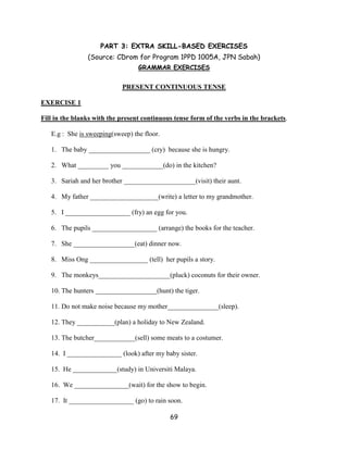 PART 3: EXTRA SKILL-BASED EXERCISES
                (Source: CDrom for Program 1PPD 1005A, JPN Sabah)
                                  GRAMMAR EXERCISES


                            PRESENT CONTINUOUS TENSE

EXERCISE 1

Fill in the blanks with the present continuous tense form of the verbs in the brackets.

   E.g : She is sweeping(sweep) the floor.

   1. The baby __________________ (cry) because she is hungry.

   2. What _________ you ____________(do) in the kitchen?

   3. Sariah and her brother _____________________(visit) their aunt.

   4. My father ____________________(write) a letter to my grandmother.

   5. I ___________________ (fry) an egg for you.

   6. The pupils ___________________ (arrange) the books for the teacher.

   7. She __________________(eat) dinner now.

   8. Miss Ong _________________ (tell) her pupils a story.

   9. The monkeys_____________________(pluck) coconuts for their owner.

   10. The hunters __________________(hunt) the tiger.

   11. Do not make noise because my mother_______________(sleep).

   12. They ___________(plan) a holiday to New Zealand.

   13. The butcher____________(sell) some meats to a costumer.

   14. I ________________ (look) after my baby sister.

   15. He _____________(study) in Universiti Malaya.

   16. We ________________(wait) for the show to begin.

   17. It ___________________ (go) to rain soon.

                                             69
 