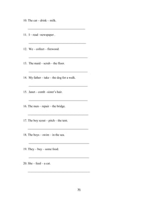 10. The cat – drink – milk.

   _____________________________________

11. I – read –newspaper .

    _____________________________________

12. We – collect – firewood.

    ______________________________________

13. The maid – scrub – the floor.

    ______________________________________

14. My father – take – the dog for a walk.

    ______________________________________

15. Janet – comb –sister’s hair.

    ______________________________________

16. The men – repair – the bridge.

   _______________________________________

17. The boy scout – pitch – the tent.

   _______________________________________

18. The boys – swim – in the sea.

    _______________________________________

19. They – buy – some food.

    _______________________________________

20. She – feed – a cat.

   ________________________________________




                                             71
 