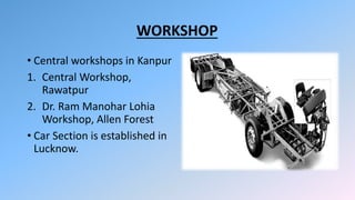 WORKSHOP
• Central workshops in Kanpur
1. Central Workshop,
Rawatpur
2. Dr. Ram Manohar Lohia
Workshop, Allen Forest
• Car Section is established in
Lucknow.
 