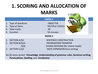 1. SCORING AND ALLOCATION OF
MARKS
PAPER 1
1. Type of questions OBJECTIVE
2. Type of items MUTIPLE CHOICE QUESTIONS (MCQ)
3. Total marks 40
4. Duration 50 minutes
PAPER 2
1. SECTION A/Q1 SENTENCE CONSTRUCTION
2. SECTION B/Q2A INFORMATION TRANSFER
Q2B GIVING REASONS (for choice made)
3. SECTION C/Q3 NOTE EXPANSION/story writing
Six (6) items tested : Knowledge, Understanding of grammar rules, Sentence writing,
Punctuations, Spelling, and Vocabulary
faraharu@gmail.com, 2015
 
