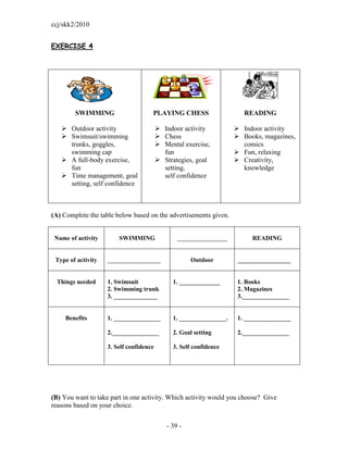 ccj/skk2/2010


EXERCISE 4




        SWIMMING                     PLAYING CHESS                     READING

    Outdoor activity                     Indoor activity           Indoor activity
    Swimsuit/swimming                    Chess                     Books, magazines,
     trunks, goggles,                     Mental exercise,           comics
     swimming cap                          fun                       Fun, relaxing
    A full-body exercise,                Strategies, goal          Creativity,
     fun                                   setting,                   knowledge
    Time management, goal                 self confidence
     setting, self confidence



(A) Complete the table below based on the advertisements given.


 Name of activity       SWIMMING                ________________          READING


 Type of activity   _________________                Outdoor         _________________


  Things needed     1. Swimsuit               1. _____________       1. Books
                    2. Swimming trunk                                2. Magazines
                    3. ______________                                3._______________


     Benefits       1. _______________        1. _______________.    1. _______________

                    2._______________         2. Goal setting        2._______________

                    3. Self confidence        3. Self confidence




(B) You want to take part in one activity. Which activity would you choose? Give
reasons based on your choice.


                                            - 39 -
 