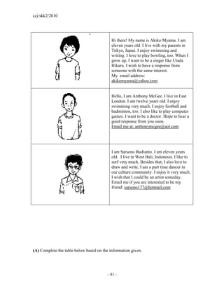 ccj/skk2/2010




                                           Hi there! My name is Akiko Myama. I am
                                           eleven years old. I live with my parents in
                                           Tokyo, Japan. I enjoy swimming and
                                           writing. I love to play bowling, too. When I
                                           grow up, I want to be a singer like Utada
                                           Hikaru. I wish to have a response from
                                           someone with the same interest.
                                           My email address:
                                           akikomyama@yahoo.com


                                           Hello, I am Anthony McGee. I live in East
                                           London. I am twelve years old. I enjoy
                                           swimming very much. I enjoy football and
                                           badminton, too. I also like to play computer
                                           games. I want to be a doctor. Hope to hear a
                                           good response from you soon.
                                           Email me at: anthonymcgee@aol.com




                                           I am Sarsono Budianto. I am eleven years
                                           old. I live in West Bali, Indonesia. I like to
                                           surf very much. Besides that, I also love to
                                           draw and write. I am a part time dancer in
                                           our culture community. I enjoy it very much.
                                           I wish that I could be an artist someday.
                                           Email me if you are interested to be my
                                           friend: sarsono177@hotmail.com




(A) Complete the table below based on the information given.




                                        - 41 -
 