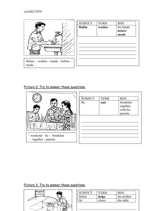 ccj/skk2/2010


                                     SUBJECT     VERB        ROS
                                     Halim       washes      his hands
                                                             before
                                                             meals

                                     ____________________________________
                                     ____________________________________
                                     ____________________________________
                                     ____________________________________
                                     ____________________________________
 Halim – washes – hands – before –
 meals –




Picture 2: Try to answer these questions:

                                      _
                                      SUBJECT     VERB        ROS
                                      He          eats        breakfast
                                                              together
                                                              with his
                                                              parents

                                      ____________________________________
                                      ____________________________________
                                      ____________________________________
                                      ____________________________________
   – weekend – he – breakfast         ____________________________________
    – together – parents




Picture 3: Try to answer these questions:

                                      SUBJECT    VERB        ROS
                                      Halim      helps       his mother
                                     -He -
                                       48        clears      the table

                                     ____________________________________
 