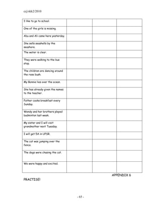 ccj/skk2/2010


I like to go to school.

One of the girls is missing.

Abu and Ali came here yesterday.

She sells seashells by the
seashore.
The water is clear.

They were walking to the bus
stop.

The children are dancing around
the rose bush.

My Bonnie lies over the ocean.

She has already given the names
to the teacher.

Father cooks breakfast every
Sunday.

Wendy and her brothers played
badminton last week.

My sister and I will visit
grandmother next Tuesday.

I will get 5A in UPSR.

The cat was jumping over the
fence.

The dogs were chasing the cat.



We were happy and excited.



                                            APPENDIX 6
PRACTISE!




                                   - 65 -
 