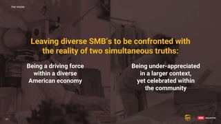 19
19
Leaving diverse SMB’s to be confronted with
the reality of two simultaneous truths:
Being a driving force
within a diverse
American economy
Being under-appreciated
in a larger context,
yet celebrated within
the community
THE VISION
19
 