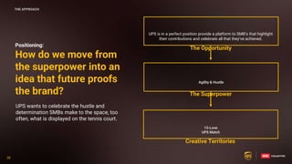 28
28
Positioning:
How do we move from
the superpower into an
idea that future proofs
the brand?
The Opportunity
UPS wants to celebrate the hustle and
determination SMBs make to the space, too
often, what is displayed on the tennis court.
UPS is in a perfect position provide a platform to SMB’s that highlight
their contributions and celebrate all that they’ve achieved.
The Superpower
Agility & Hustle
Creative Territories
15-Love
UPS Match
THE APPROACH
 
