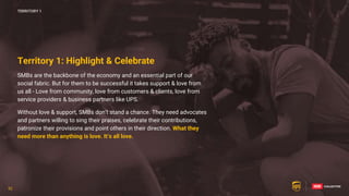 32
SMBs are the backbone of the economy and an essential part of our
social fabric. But for them to be successful it takes support & love from
us all - Love from community, love from customers & clients, love from
service providers & business partners like UPS.
Without love & support, SMBs don’t stand a chance. They need advocates
and partners willing to sing their praises, celebrate their contributions,
patronize their provisions and point others in their direction. What they
need more than anything is love. It’s all love.
TERRITORY 1
Territory 1: Highlight & Celebrate
32
 