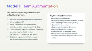 You share your needs and wishes, conﬁdentiality
protected by an NDA
Expert conversation arranged if needed
Vetted candidates are available within 2−5 days
Upstaff provides all kinds of interviews to see if the
specialist matches the job position
(HR, Tech / CTO, Delivery/PM, Test Tasks)
Dedicated engineers dive into the project
We provide supervision & ongoing support
Key Procedures & Documents
● Non-disclosure Agreement
● Master Service Agreement, Statement of Work
● Time reporting monthly, weekly or daily
● Rates review once a year
● Buy-out possibility after 12+ months
● Retention & incentive included
● Sick leaves and vacations excluded
● Equity distribution programs available
● Contract termination at any time with 2−week
notice
Easy start and Rapid scaling to ﬁll special roles
and build stronger team.
 