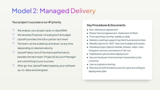We analyse your project spec or idea (NDA)
We develop Proposal, including tech & budget
Upstaff provides the full or partial tech team
The team can be scaled up and down at any time
depending on desired velocity
Upstaff takes care of the teams performance:
besides the tech team, Project & Account Manager
are committing to your success
After go-live, Upstaff helps keeping your software
up-to-date and evergreen
Key Procedures & Documents
● Non-disclosure agreement
● Master Service Agreement, Statement of Work
● Time reporting monthly, weekly or daily
● Delivery roadmap supporting client business priorities
● Weekly reports for 360° view over budget and results
● Detailed project plan/schedule: phases, steps, risks,
mitigation actions, procedure of roll-out
● Stabilization period after deployment
● Secure handover of environment ownership to the
customer
● User acceptance testing
● Pilot launch with limited access for users according to
deployment plan
Your project's success is our #1 priority
 