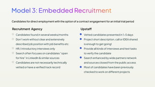 Candidates found in several weeks/months
Don’t work without clear and extensively
described job position with job beneﬁts etc
HR / introductory interviews only
Search often focuses on candidates “open
for hire” in LinkedIn & similar sources
Candidates are not necessarily technically
vetted or have a veriﬁed track record
Candidates for direct employment with the option of a contract engagement for an initial trial period
Recruitment Agency
Vetted candidates presented in 1−5 days
Project short description, call or IDEA shared
is enough to get going!
Provide all kinds of interviews and test tasks
to verify the candidate
Search enhanced by wide partners network
and sources closed from the public access
Most of candidates have been previously
checked to work on different projects
Upstaff
 