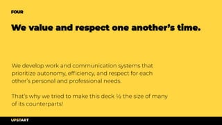 We develop work and communication systems that
prioritize autonomy, efﬁciency, and respect for each
other’s personal and professional needs.
That’s why we tried to make this deck ½ the size of many
of its counterparts!
FOUR
We value and respect one another’s time.
 
