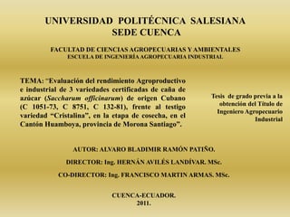 Evaluación Agroproductiva e Industrial de caña de azúcar en Huamboya - Ecuador. ppt