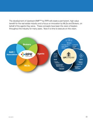 The development of Upstream/AMP™ by RPR will create a permanent, high-value
benefit for the real estate industry and a focus on innovation by MLSs and Brokers, on
behalf of the agents they serve. These concepts have been the vision of leaders
throughout the industry for many years. Now it is time to execute on this vision.
(2)
NAR /
Associations
MLSs
Brokers
Agents Diagram 3
• BHHS
05/13/2015
 