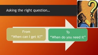 Asking the right question…
From
“When can I get it?”
To
“When do you need it”
28
 