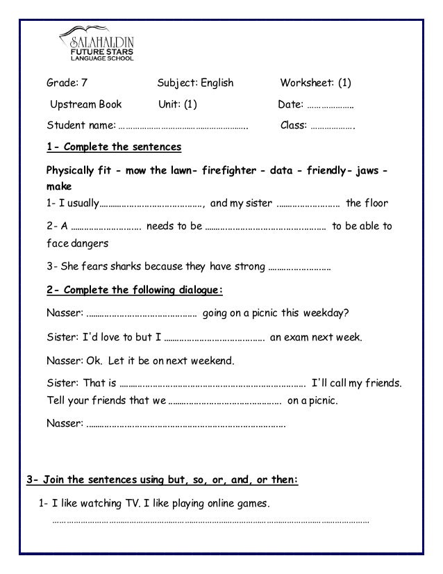 English Worksheets For Grade 7