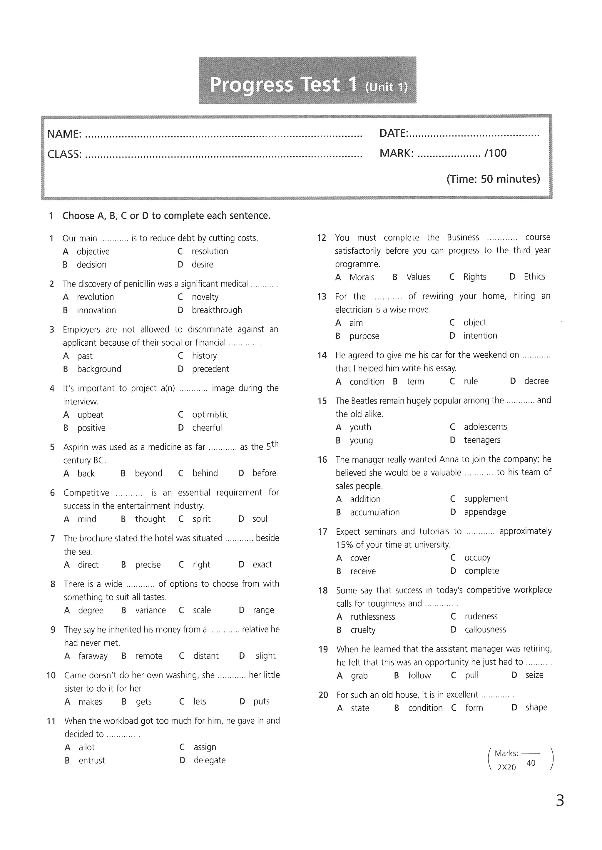 Test booklet for advanced level.