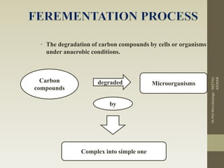 • The degradation of carbon compounds by cells or organisms
under anaerobic conditions.
Carbon
compounds
degraded Microorganisms
Complex into simple one
by
M.PhilMicrobiology-NEETHU
ASOKAN
 