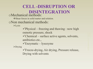 CELL -DISRUPTION OR
DISINTEGRATION
oMechanical methods:
Shear forces in solid matter and solution.
oNon mechanical methods:
Lysis
Physical – freezing and thawing : now high
osmotic pressure, shock
Chemical – surface active agents, solvents,
antibiotics etc.,
Enzymatic – lysozyme
Drying
Freeze-drying, Air drying, Pressure release,
Drying with solvents
M.PhilMicrobiology-NEETHU
ASOKAN
 