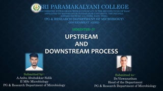 UPSTREAM
AND
DOWNSTREAM PROCESS
Submitted by:-
A.Anbu Abubakkar Sidik
II MSc Microbiology
PG & Research Department of Microbiology
SRI PARAMAKALYANI COLLEGE
REACCREDITED WITH B GRADE WITH A CGPA OF 2.71 IN THE SECOND CYCLE OF NAAC
AFFILIATED TO MANOMANIUM SUNDARANAR UNIVERSITY, TIRUNELVELI.
ALWARKURICHI 627 412, TAMIL BADU, INDIA
(PG & RESEARCH DEPARTMENT OF MICROBIOGY)
GOVERNMENT AIDED
Submitted to:-
Dr.Viswanathan
Head of the Department
PG & Research Department of Microbiology
SEMESTER- IV
 