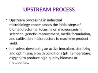 UPSTREAM PROCESS
• Upstream processing in industrial
microbiology encompasses the initial steps of
biomanufacturing, focusing on microorganism
selection, genetic improvement, media formulation,
and cultivation in bioreactors to maximize product
yield.
• It involves developing an active inoculum, sterilizing,
and optimizing growth conditions (pH, temperature,
oxygen) to produce high-quality biomass or
metabolites.
 