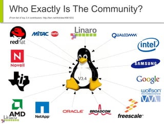 V3.4
Who Exactly Is The Community?
(From list of top 3.4 contributors: http://lwn.net/Articles/496193/)
 