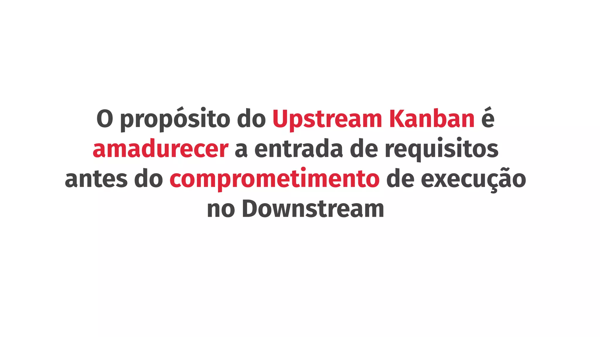 O propósito do Upstream Kanban é
amadurecer a entrada de requisitos
antes do comprometimento de execução
no Downstream
 