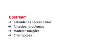 Upstream
➔ Entender as necessidades
➔ Antecipar problemas
➔ Modelar soluções
➔ Criar opções
 