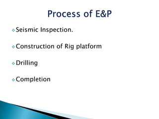  Seismic Inspection.
Construction of Rig platform
Drilling
Completion
