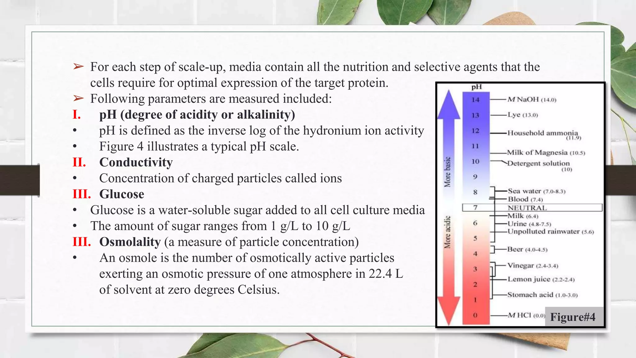 ➢ For each step of scale-up, media contain all the nutrition and selective agents that the
cells require for optimal expression of the target protein.
➢ Following parameters are measured included:
I. pH (degree of acidity or alkalinity)
• pH is defined as the inverse log of the hydronium ion activity
• Figure 4 illustrates a typical pH scale.
II. Conductivity
• Concentration of charged particles called ions
III. Glucose
• Glucose is a water-soluble sugar added to all cell culture media
• The amount of sugar ranges from 1 g/L to 10 g/L
III. Osmolality (a measure of particle concentration)
• An osmole is the number of osmotically active particles
exerting an osmotic pressure of one atmosphere in 22.4 L
of solvent at zero degrees Celsius.
Figure#4
 