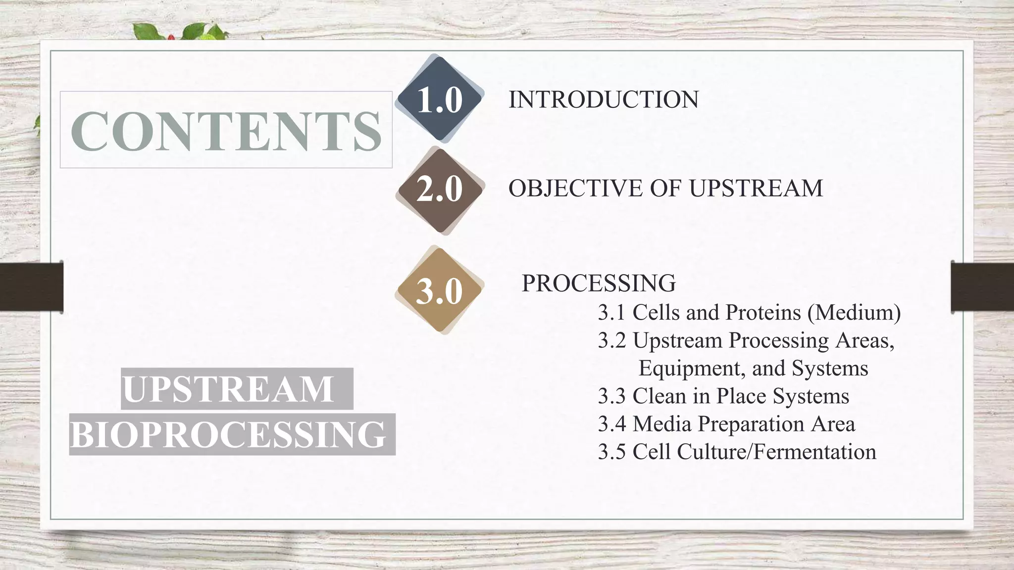 1.0
2.0
3.0
INTRODUCTION
OBJECTIVE OF UPSTREAM
PROCESSING
3.1 Cells and Proteins (Medium)
3.2 Upstream Processing Areas,
Equipment, and Systems
3.3 Clean in Place Systems
3.4 Media Preparation Area
3.5 Cell Culture/Fermentation
CONTENTS
UPSTREAM
BIOPROCESSING
 