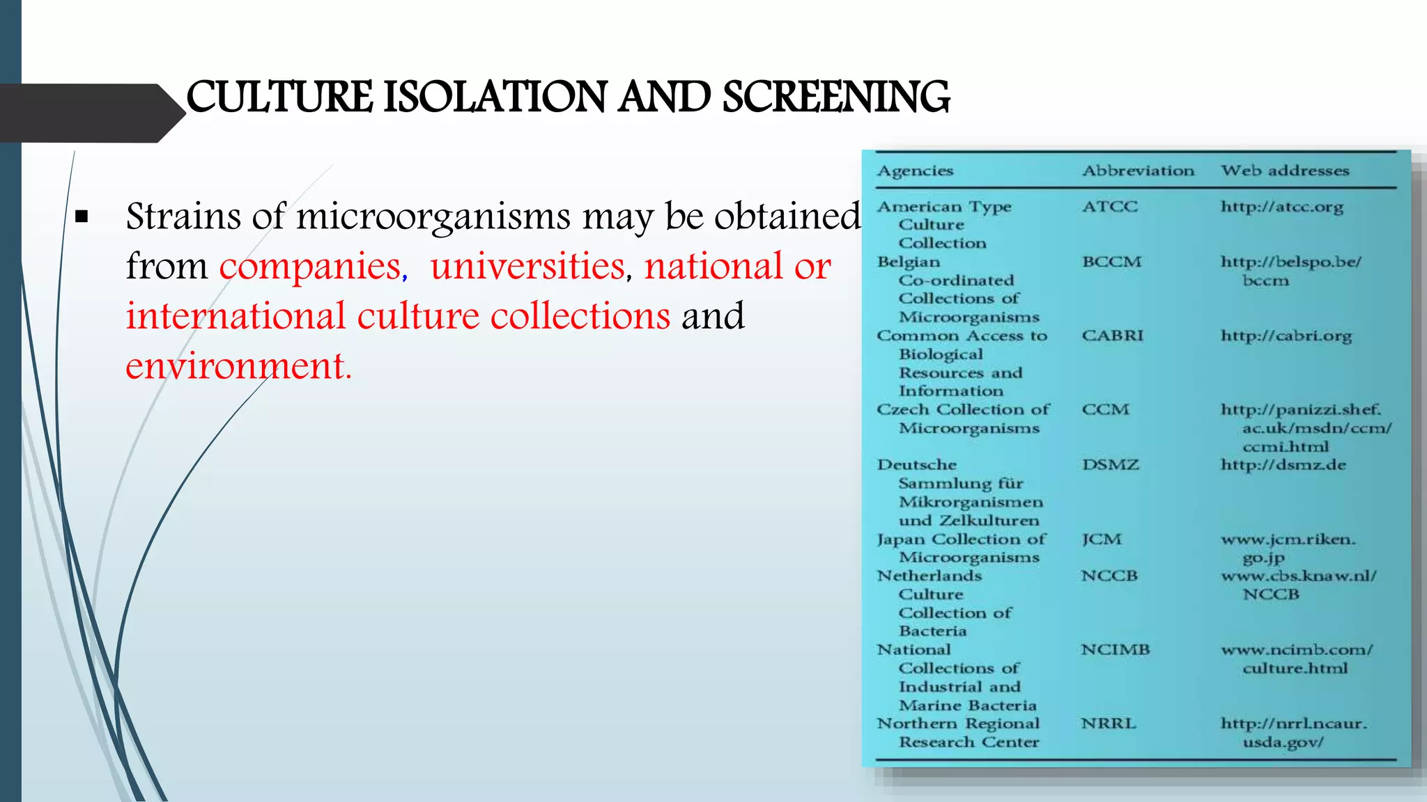 CULTURE ISOLATION AND SCREENING
 Strains of microorganisms may be obtained
from companies, universities, national or
international culture collections and
environment.
 