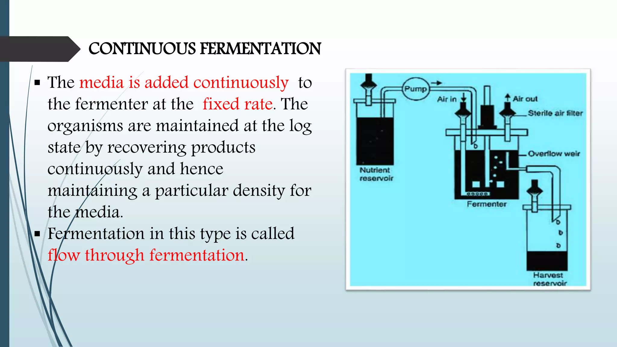 CONTINUOUS FERMENTATION
 The media is added continuously to
the fermenter at the fixed rate. The
organisms are maintained at the log
state by recovering products
continuously and hence
maintaining a particular density for
the media.
 Fermentation in this type is called
flow through fermentation.
 