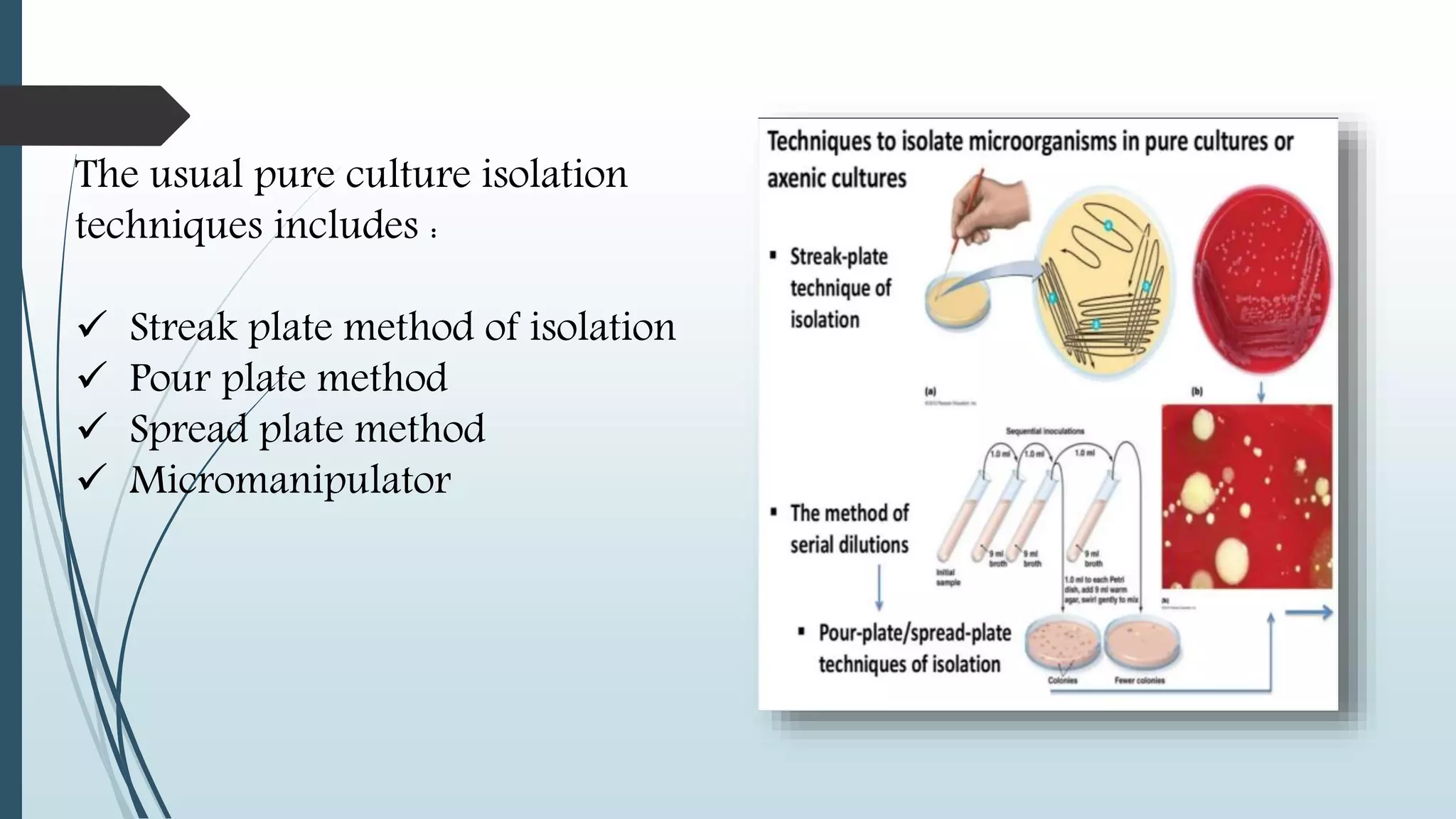 The usual pure culture isolation
techniques includes :
 Streak plate method of isolation
 Pour plate method
 Spread plate method
 Micromanipulator
 