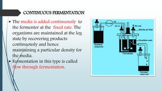 CONTINUOUS FERMENTATION
 The media is added continuously to
the fermenter at the fixed rate. The
organisms are maintained at the log
state by recovering products
continuously and hence
maintaining a particular density for
the media.
 Fermentation in this type is called
flow through fermentation.
 