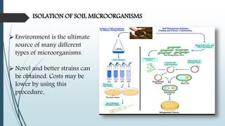 ISOLATION OF SOIL MICROORGANISMS
 Environment is the ultimate
source of many different
types of microorganisms.
 Novel and better strains can
be obtained. Costs may be
lower by using this
procedure.
 