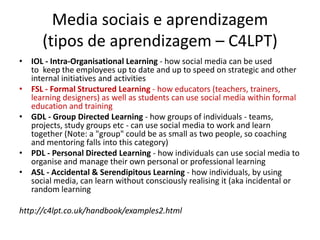 Media sociais e aprendizagem (tipos de aprendizagem – C4LPT)IOL - Intra-Organisational Learning - how social media can be used to  keep the employees up to date and up to speed on strategic and other internal initiatives and activitiesFSL - Formal Structured Learning - how educators (teachers, trainers, learning designers) as well as students can use social media within formal education and trainingGDL - Group Directed Learning - how groups of individuals - teams, projects, study groups etc - can use social media to work and learn together (Note: a "group" could be as small as two people, so coaching and mentoring falls into this category)PDL - Personal Directed Learning - how individuals can use social media to organise and manage their own personal or professional learningASL - Accidental & Serendipitous Learning - how individuals, by using social media, can learn without consciously realising it (aka incidental or random learninghttp://c4lpt.co.uk/handbook/examples2.html