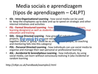 Media sociais e aprendizagem (tipos de aprendizagem – C4LPT)IOL - Intra-Organisational Learning - how social media can be used to  keep the employees up to date and up to speed on strategic and other internal initiatives and activitiesFSL - Formal Structured Learning - how educators (teachers, trainers, learning designers) as well as students can use social media within formal education and trainingGDL - Group Directed Learning - how groups of individuals - teams, projects, study groups etc - can use social media to work and learn together (Note: a "group" could be as small as two people, so coaching and mentoring falls into this category)PDL - Personal Directed Learning - how individuals can use social media to organise and manage their own personal or professional learningASL - Accidental & Serendipitous Learning - how individuals, by using social media, can learn without consciously realising it (aka incidental or random learninghttp://c4lpt.co.uk/handbook/examples2.htmlTemática