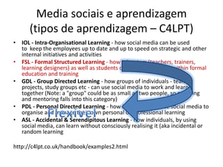 Media sociais e aprendizagem (tipos de aprendizagem – C4LPT)IOL - Intra-Organisational Learning - how social media can be used to  keep the employees up to date and up to speed on strategic and other internal initiatives and activitiesFSL - Formal Structured Learning - how educators (teachers, trainers, learning designers) as well as students can use social media within formal education and trainingGDL - Group Directed Learning - how groups of individuals - teams, projects, study groups etc - can use social media to work and learn together (Note: a "group" could be as small as two people, so coaching and mentoring falls into this category)PDL - Personal Directed Learning - how individuals can use social media to organise and manage their own personal or professional learningASL - Accidental & Serendipitous Learning - how individuals, by using social media, can learn without consciously realising it (aka incidental or random learninghttp://c4lpt.co.uk/handbook/examples2.htmlFlexível