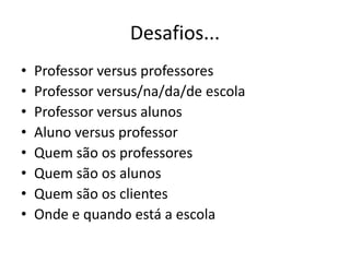 Desafios...Professor versus professoresProfessor versus/na/da/de escolaProfessor versus alunosAluno versus professorQuem são os professoresQuem são os alunosQuem são os clientesOnde e quando está a escola 