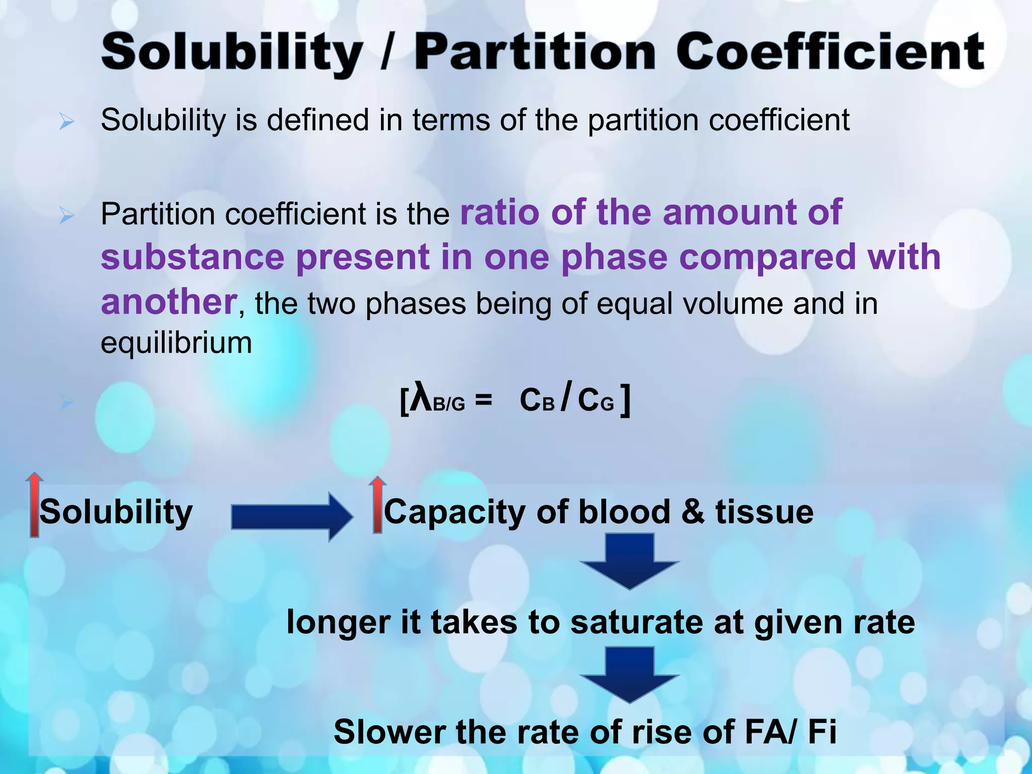 Solubility is defined in terms of the partition coefficient
 Partition coefficient is the ratio of the amount of
substance present in one phase compared with
another, the two phases being of equal volume and in
equilibrium
 [λB/G = CB /CG ]
Solubility Capacity of blood & tissue
longer it takes to saturate at given rate
Slower the rate of rise of FA/ Fi
 