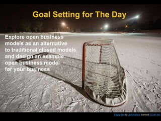 Goal Setting for The Day
Empty Net by Jeff Wallace licensed CC BY-NC
Explore open business
models as an alternative
to traditional closed models
and design an example
open business model
for your business
 