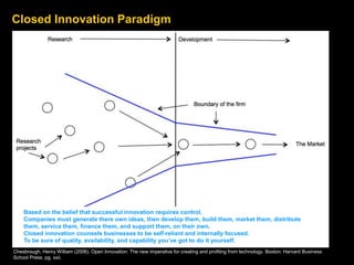 Closed Innovation Paradigm
Chesbrough, Henry William (2006). Open Innovation: The new imperative for creating and profiting from technology. Boston: Harvard Business
School Press. pg. xxii.
Based on the belief that successful innovation requires control.
Companies must generate there own ideas, then develop them, build them, market them, distribute
them, service them, finance them, and support them, on their own.
Closed innovation counsels businesses to be self-reliant and internally focused.
To be sure of quality, availability, and capability you’ve got to do it yourself.
 
