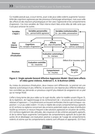 uu     Les Cahiers de l’Institut Wallon pour la Santé Mentale



Ce modèle postule que, à court terme, jouer à des jeux vidéo violents augmente l’accessi-
bilité des cognitions agressives par des processus d’amorçage sémantique, mais aussi celle
des affects et des réactions physiologiques en lien avec l’agressivité et les comportements
d’agression. Ces trois variables de l’état interne étant liées entre elles de telle sorte que
l’une peut amorcer les autres…

   Variables             Variables personnelles           Variables institutionnelles
   « input »           Ex. : personnalité agressive       Ex : jeu vidéo, provocation




   etat                                             affects
 interne              Cognitions             Ex : état d’hostilité            excitation
 Présent       Ex :«scripts» d’agression                               Ex : rythme cardiaque


  Processus                                evaluation automatique
 d’evaluation                                    Ex : menace

                                                                     Début d’un nouveau cycle
                         evaluation contrôlée
                            Ex : revanche


                                                Comportement                 réponse
  résultats                                                                  Ex: gifle
                                                 Ex : insultes


Figure 2 : single episode General affective aggression Model : short-term effects
            of video game violence, anderson C. a. & Bushman (2002).

Au niveau du processus d’évaluation, deux niveaux sont différenciés. Le premier est une
réponse automatique et peu réfléchie, le second est une réponse plus réfléchie (réévalua-
tion contrôlée) qui demande un processus cognitif plus élaboré (la vengeance est un plat
qui se mange froid).

L’effet à long terme des jeux vidéo sur le sujet résulte, selon le modèle suivant (figure 3),
de la répétition, de l’apprentissage et du renforcement de « structures de connaissances
relatives à l’agression ». Cinq dimensions se trouvent renforcées chez le sujet à chaque « ex-
position » à un jeu vidéo violent : (1) celui-ci répète des scripts comportementaux agressifs
et (2) renforce sa vigilance concernant des ennemis potentiels (style ou biais d’attribution
hostile qui entraine un recours fréquent à des solutions agressives en situation de conflit),
(3) il renforce également des attitudes, des croyances et des schèmes perceptifs agressifs,
et de la même façon augmente l’anticipation de comportements agressifs de la part des
autres (4) et développe une évaluation positive à propos de l’usage de comportements
violents et estime que les comportements violents sont efficaces et appropriés. (5) Il faut


                                              106
 