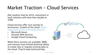 Market Traction – Cloud Services
1/23/2015 © 2015 Uptica 6
PwC predicts that by 2016, investment in
SaaS solutions will more than double to
$78B
Cloud services offer cost savings to
businesses. Growth of the cloud highly
supported by key technology players:
• Microsoft Azure
• Amazon Web Services
• Google Cloud Computing
While these services are available, SMBs
and startups have limited technical ability
to create new or migrate existing data to
the cloud. They’ll need technical help.
 