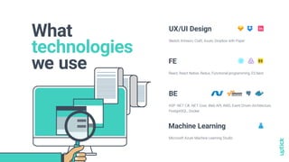 What
technologies
we use
UX/UI Design
FE
BE
Machine Learning
Sketch, InVision, Craft, Axure, Dropbox with Paper
React, React Native, Redux, Functional programming, ES.Next
ASP .NET C#, .NET Core, Web API, AWS, Event Driven Architecture,
PostgreSQL, Docker
Microsoft Azure Machine Learning Studio
 