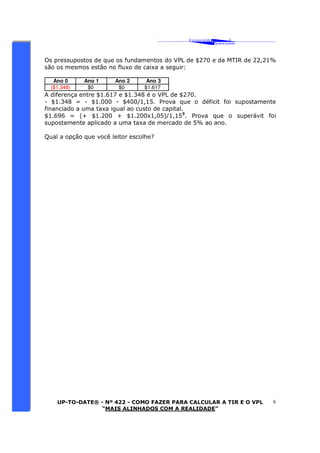 ‘ CAVALCANTE 
ASSOCIADOS 
 
® 
Os pressupostos de que os fundamentos do VPL de $270 e da MTIR de 22,21% 
são os mesmos estão no fluxo de caixa a seguir: 
UP-TO-DATE® - Nº 422 - COMO FAZER PARA CALCULAR A TIR E O VPL 
“MAIS ALINHADOS COM A REALIDADE” 
6 
Ano 0 Ano 1 Ano 2 Ano 3 
($1.348) $0 $0 $1.617 
A diferença entre $1.617 e $1.348 é o VPL de $270. 
- $1.348 = - $1.000 - $400/1,15. Prova que o déficit foi supostamente 
financiado a uma taxa igual ao custo de capital. 
$1.696 = (+ $1.200 + $1.200x1,05)/1,153. Prova que o superávit foi 
supostamente aplicado a uma taxa de mercado de 5% ao ano. 
Qual a opção que você leitor escolhe? 
