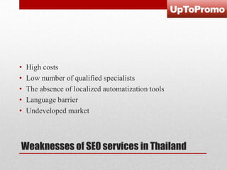•
•
•
•
•

High costs
Low number of qualified specialists
The absence of localized automatization tools
Language barrier
Undeveloped market

Weaknesses of SEO services in Thailand

 